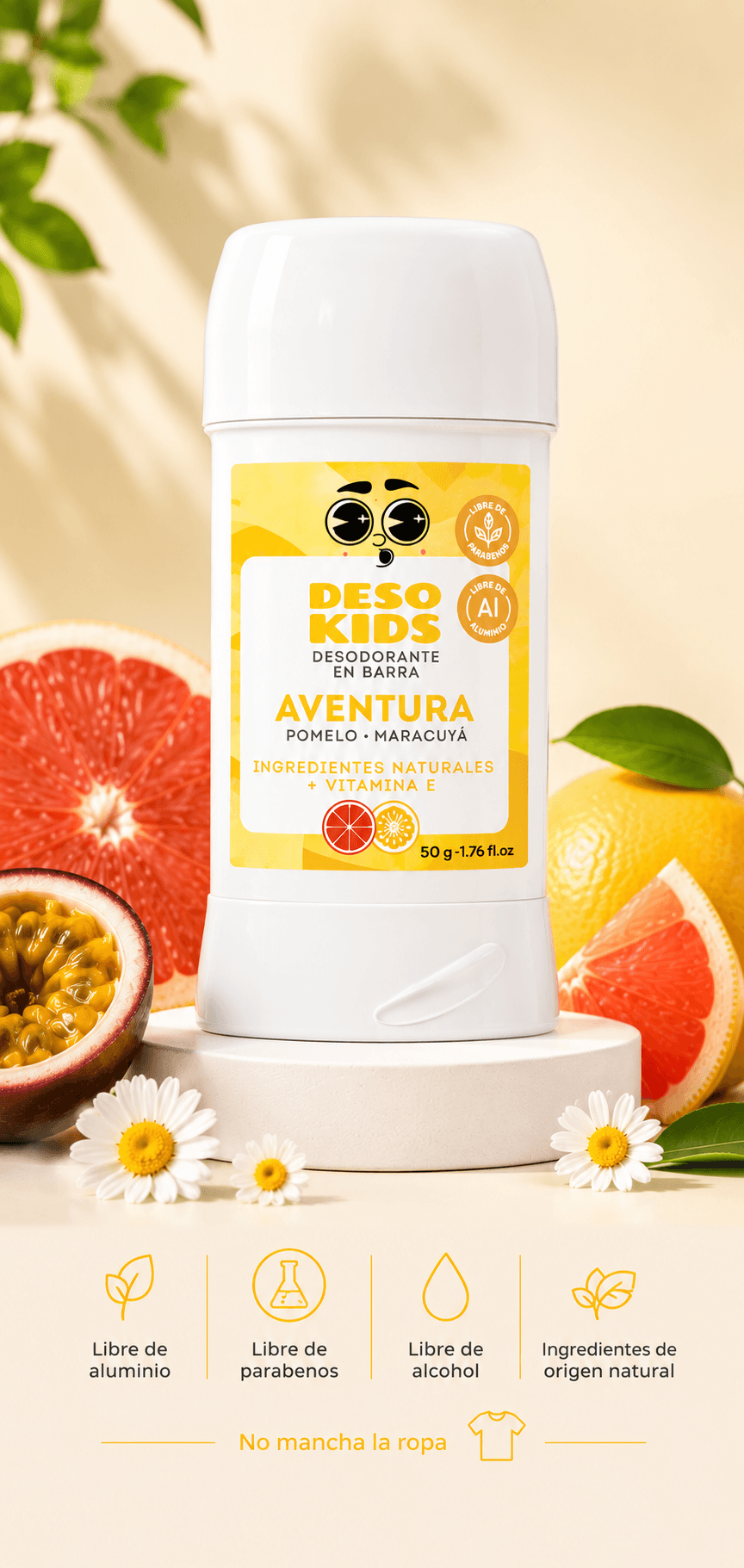Desodorante Desokids Aventura con aroma a pomelo y maracuyá