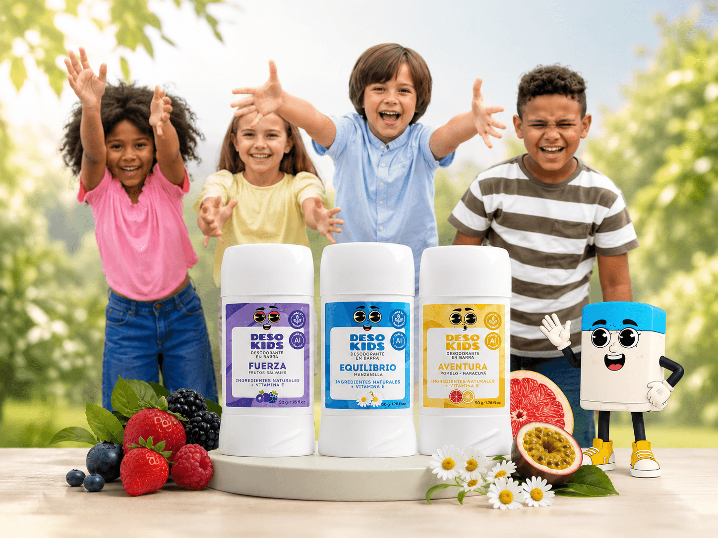Niños felices junto a los desodorantes Desokids Fuerza, Equilibrio y Aventura, rodeados de frutas naturales al aire libre